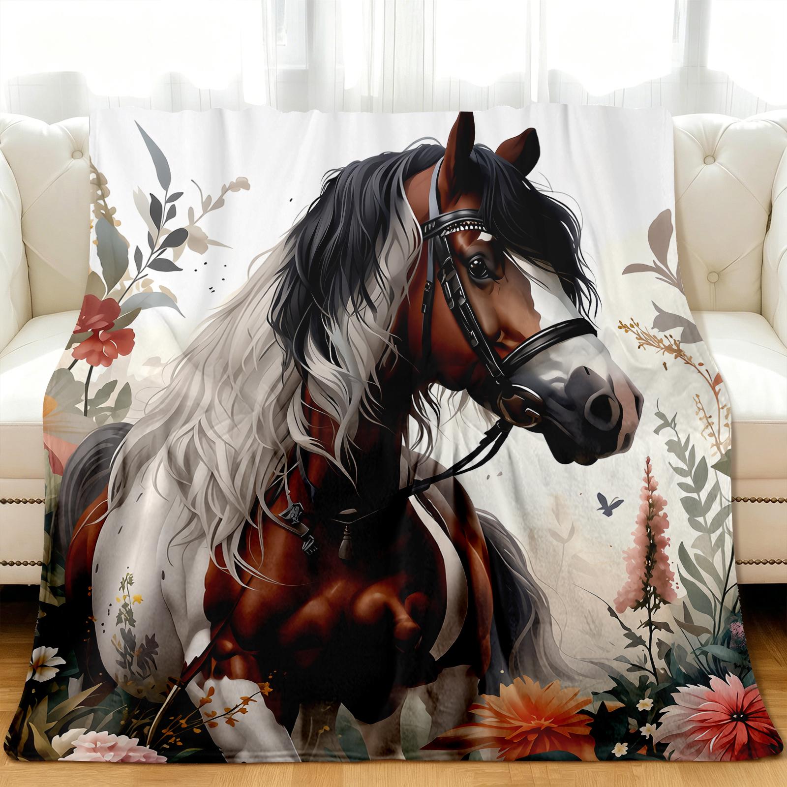 Vintage Horse & Floral Print Flannel Blanket - Soft Warm Anti-Tear All-Season Throw for Camping, Travel, Home Decor - Machine Washable Cozy Gift for Friends & Family, Picnic Blanket