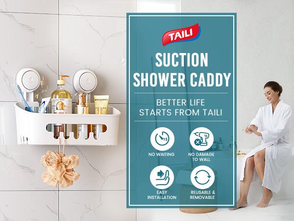 TAILI Shower Caddy Suction Cup, Heavy Duty Bathroom Shower Organizer, Removable Shelf for Inside Shower, Shampoo, Wall Mounted Plastic Shower Storage for Bathroom Accessories, White organizer rack inside shower