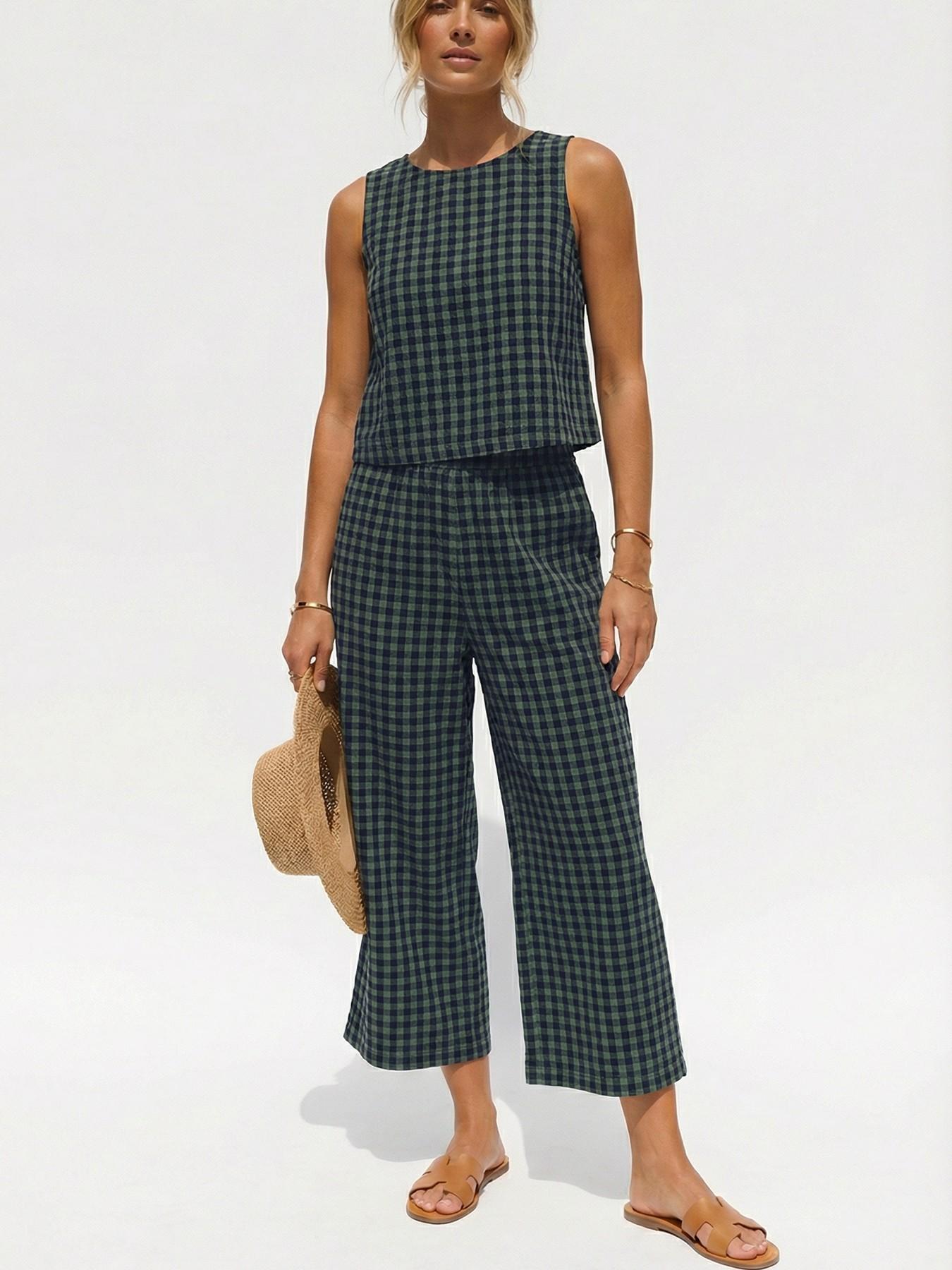 Women's Summer Plaid Vest Set, Elastic Waist Pocket Wide Leg Pants, Casual Comfortable Beach Vacation, Daily Wear, Casual Fashion Set