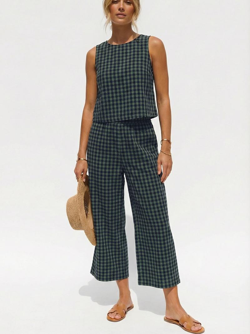 Women's Summer Plaid Vest Set, Elastic Waist Pocket Wide Leg Pants, Casual Comfortable Beach Vacation, Daily Wear, Casual Fashion Set