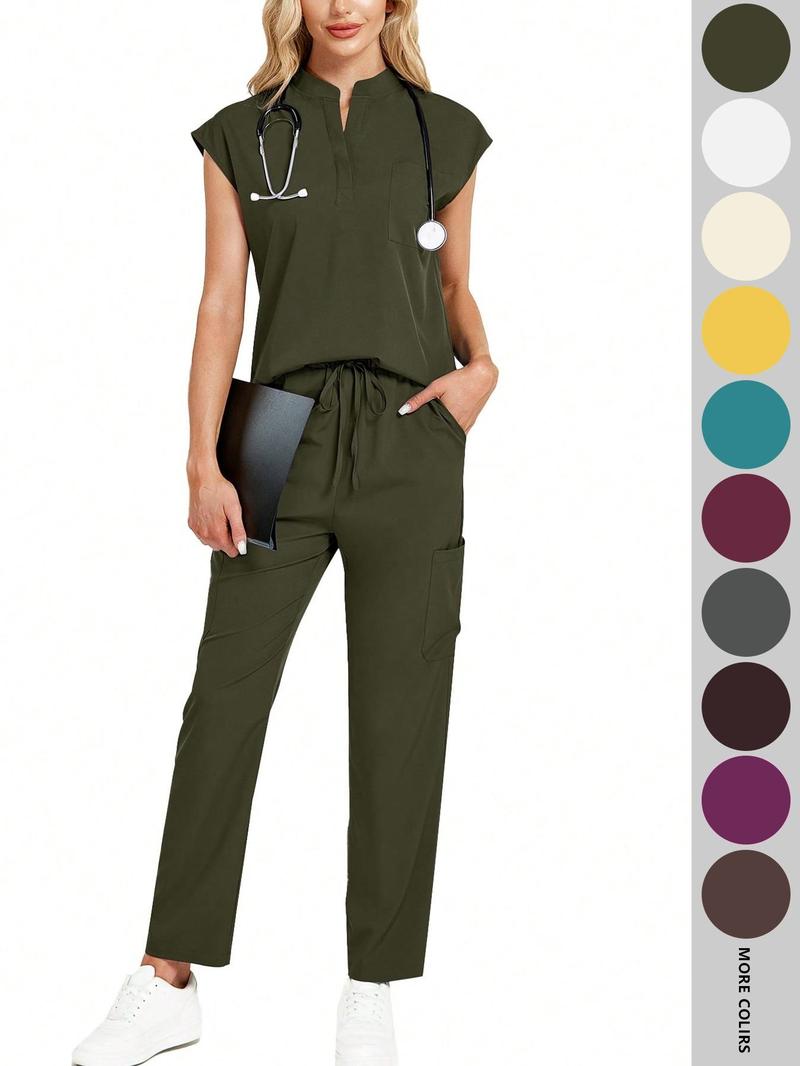 Cimmuovere Women's Solid Notched Neck Batwing Sleeve Top & Drawstring Waist Pants Two-Piece Scrub Set, Casual Cap Sleeve Top & Pocket Trousers for Summer, Vital Scrub Top, Women's Uniforms for Work, Medical Scrub Sets