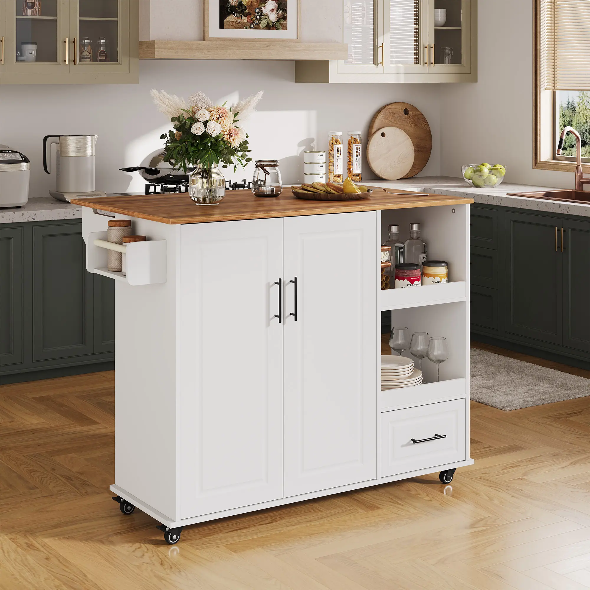 48-Inch White Rolling Kitchen Cart with Butcher Block Top, Collapsible Drop Leaf, Drawer, Open Shelf, Spice Rack, Lockable Wheels - Mobile Storage Cabinet for Small Kitchens