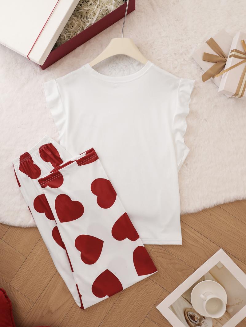 Two-Piece Set Women's Heart Print Round Neck Ruffled Sleeve Tee & Elastic Waist Pants Pajama Set, Regular Fit Casual Comfy Crew Neck Top & Trousers PJ Set, Ladies Summer Sleepwear