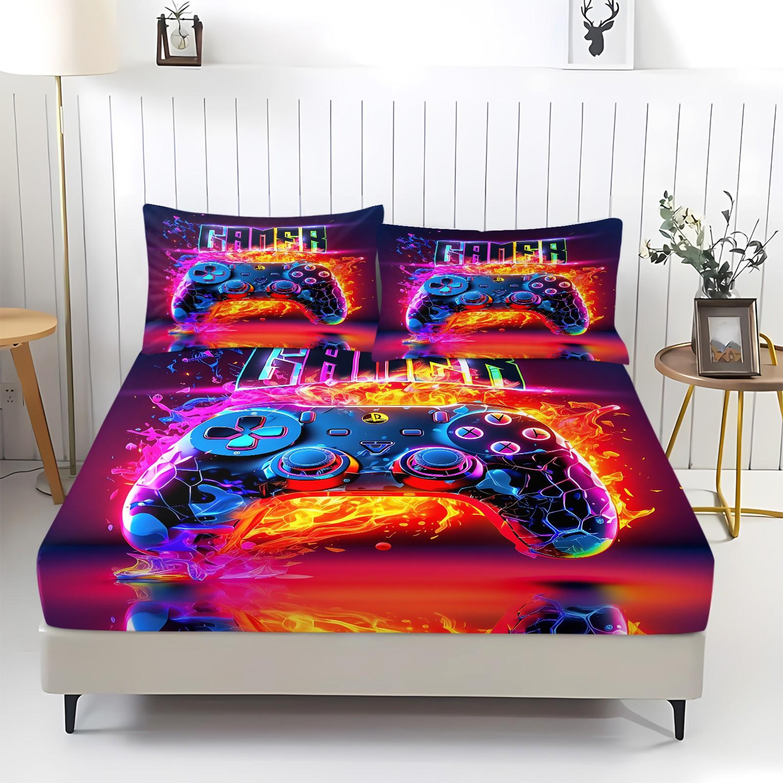 Futuristic, Modern Flair, Energetic Gaming Controller 3pcs Fitted Sheet Set, Flame Neon Effects, Dynamic Vibrant Digital Printed Bedding Set, Comfort Ultra-Fine Fiber Bed Cover, Stylish Energetic Home Decoration, Includes 2 Pillowcases, No Pillow Core