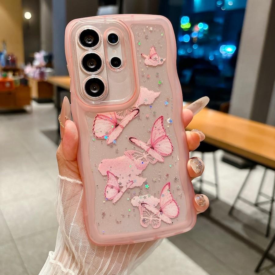 For Samsung Galaxy S26 Plus Ultra A17 A37 A57 5G Butterfly Glitter Transparent Wavy Silicone Case Shockproof Cover
