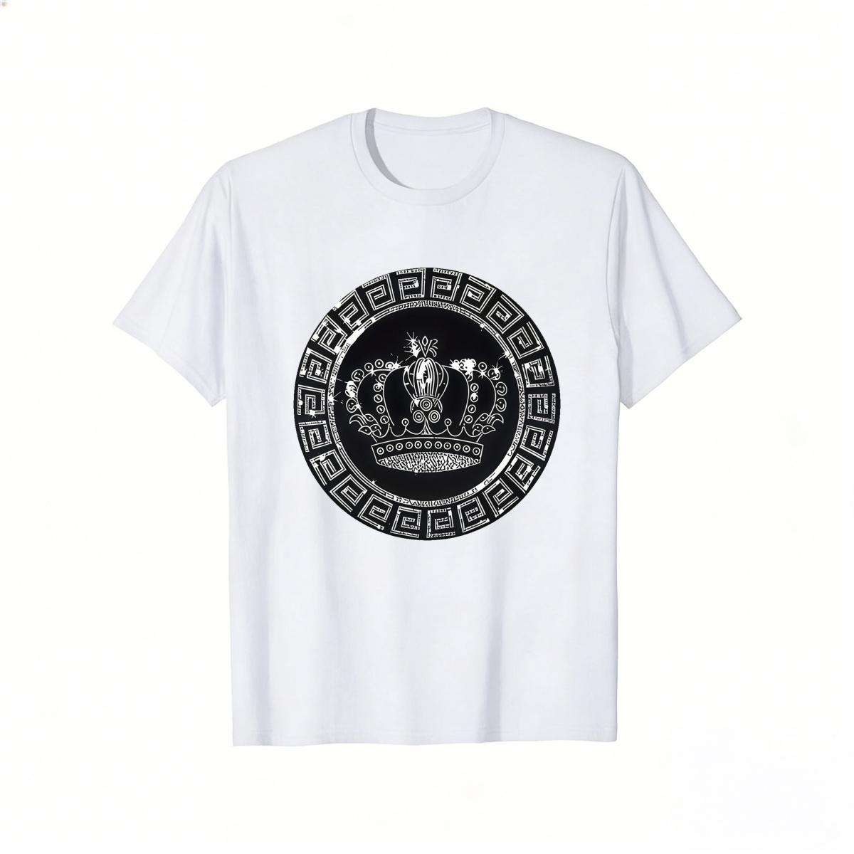 Men's Fashion Black and White Decorative Crown Print Pattern T-Shirt, Vintage Elegant Luxury Crown Pattern, Men's Street Fashion Clothing