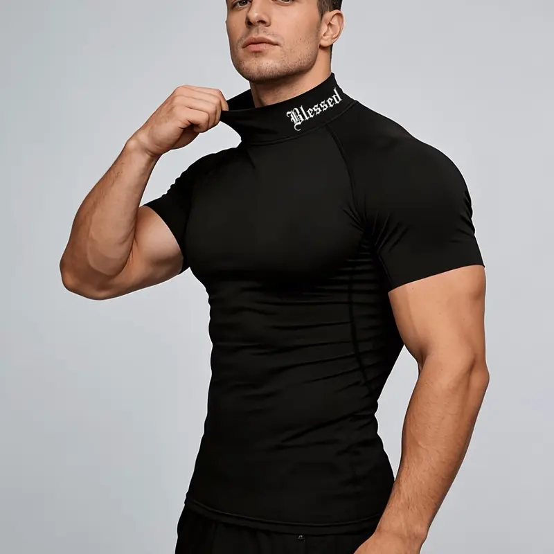 Men's Compression Shirt Black Tight Fit Short Sleeve Muscle Tee, High Elasticity Quick Dry Mock Neck Base Layer, Blessed Graphic Moisture Wicking Compression Top Workout Tops for Gym Fitness Running Sports