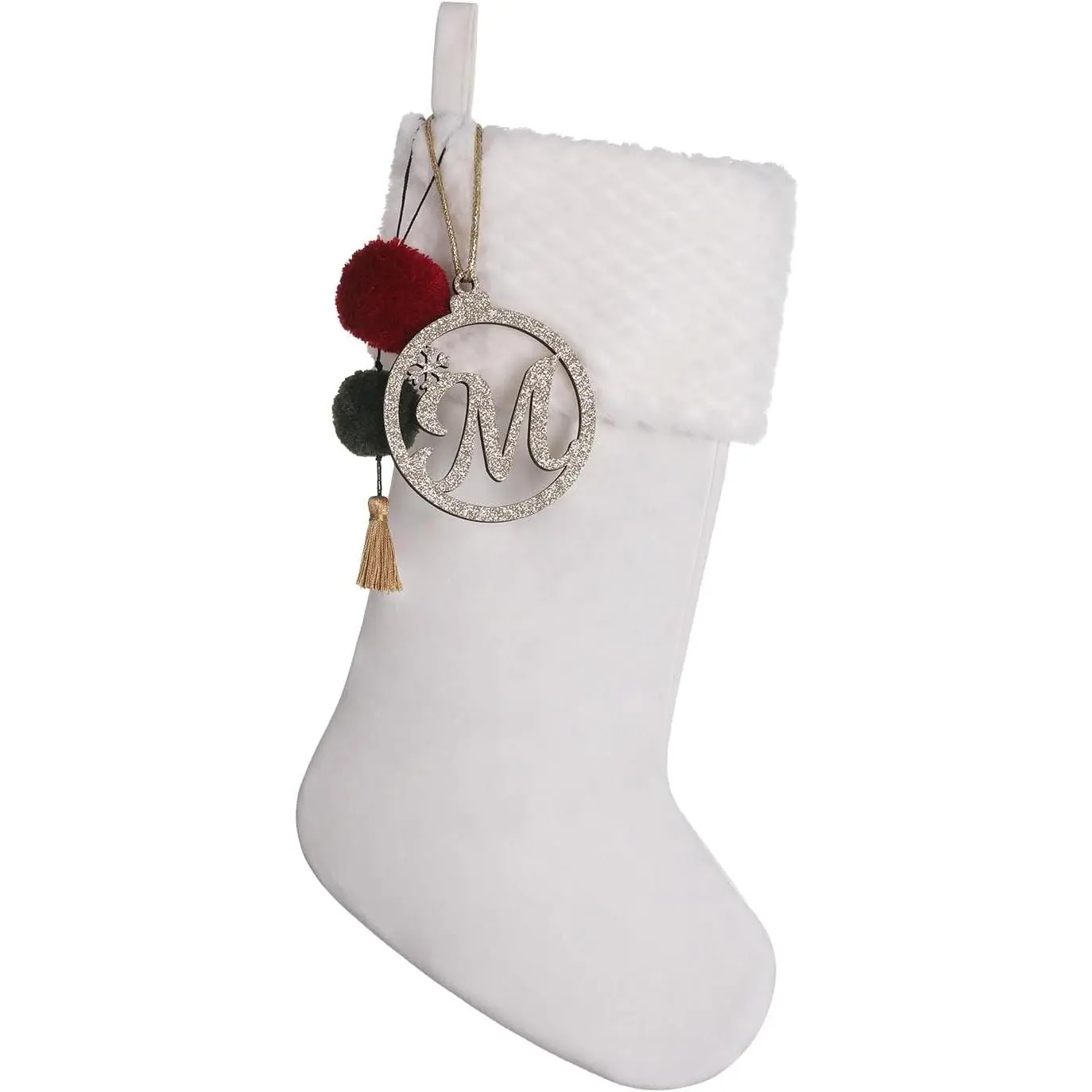 19.5 inches Velvet Personalized Gold Wooden Initial Christmas Stocking with pom poms, Christmas Decorations for Xmas Fireplace Holiday Party(White M)