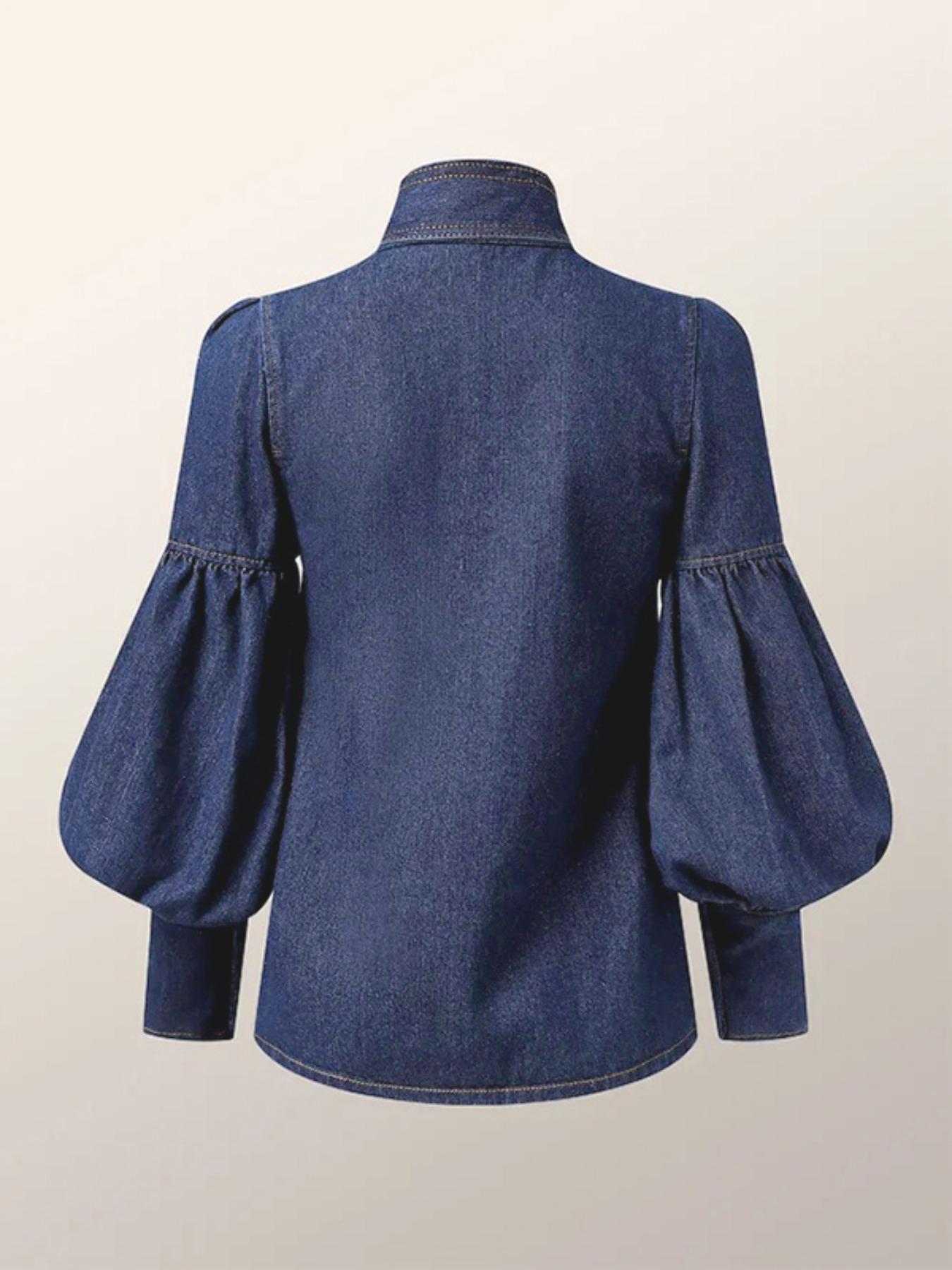 Women's Denim-effect Print Tie Neck Shirt, Chic Casual Long Sleeve Top for Daily Wear, Ladies Clothes for All Seasons
