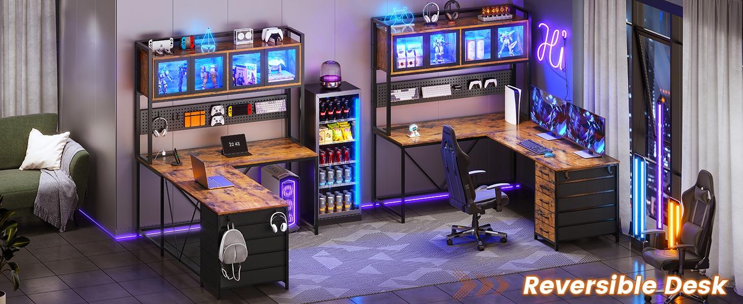 SEDETA L-Shaped Computer Desk with Storage Home Office Desk LED L-Shaped Gaming Desk with Storage