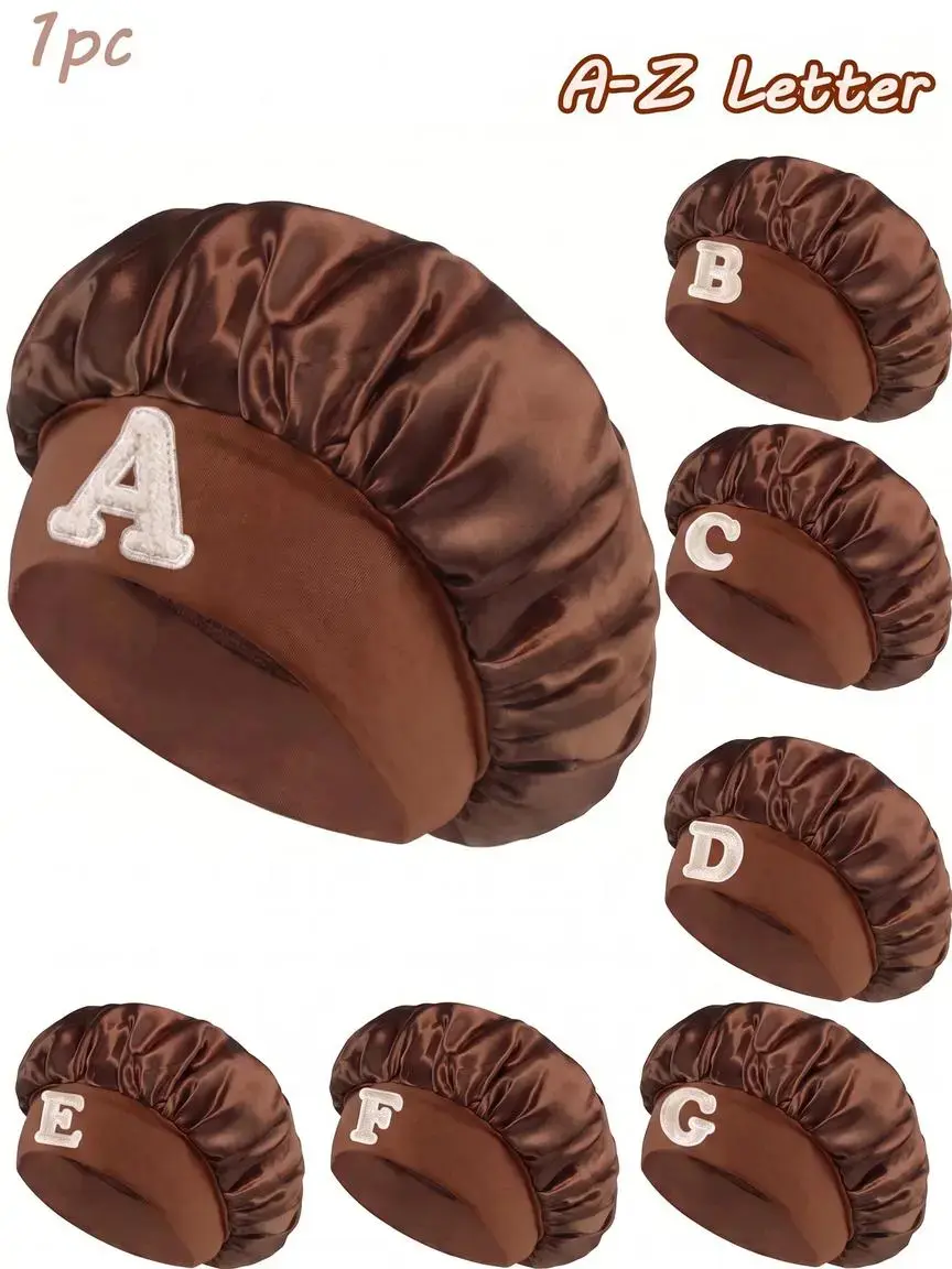 1PC Unisex A-Z Letter sleep bonnet, Elastic Comfortable Headwear, Soft Satin Nightcap, Sleeping Cap, Suitable for Curly Hair and Braids, All Seasons