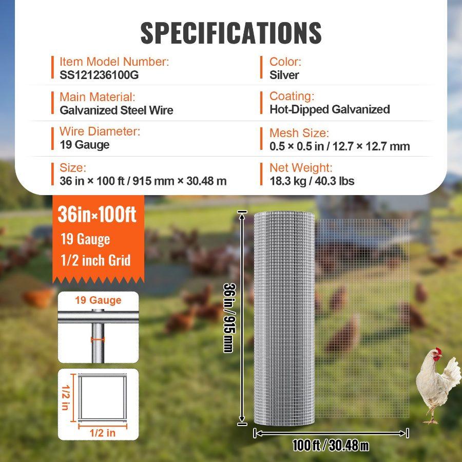 VEVOR Hardware Cloth, 1/2 inch 36inx 100 ft 19 Gauge, Hot Dipped Galvanized Wire Mesh Roll, Chicken Wire Fencing, Wire Mesh for Rabbit Cages, Garden, Small Rodents