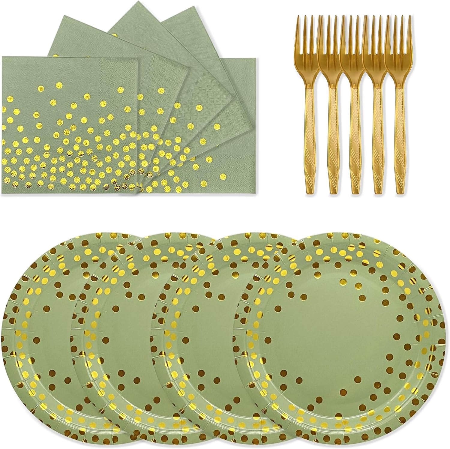 72PCS Happy Birthday Party Tableware Set, Sage Green and Gold Disposable Paper Plates, Napkins and Forks for 24 Guests, Includes 7 Inch Plates, 6.5 Inch Napkins and 6.3 Inch Forks for Birthday Party Decorations