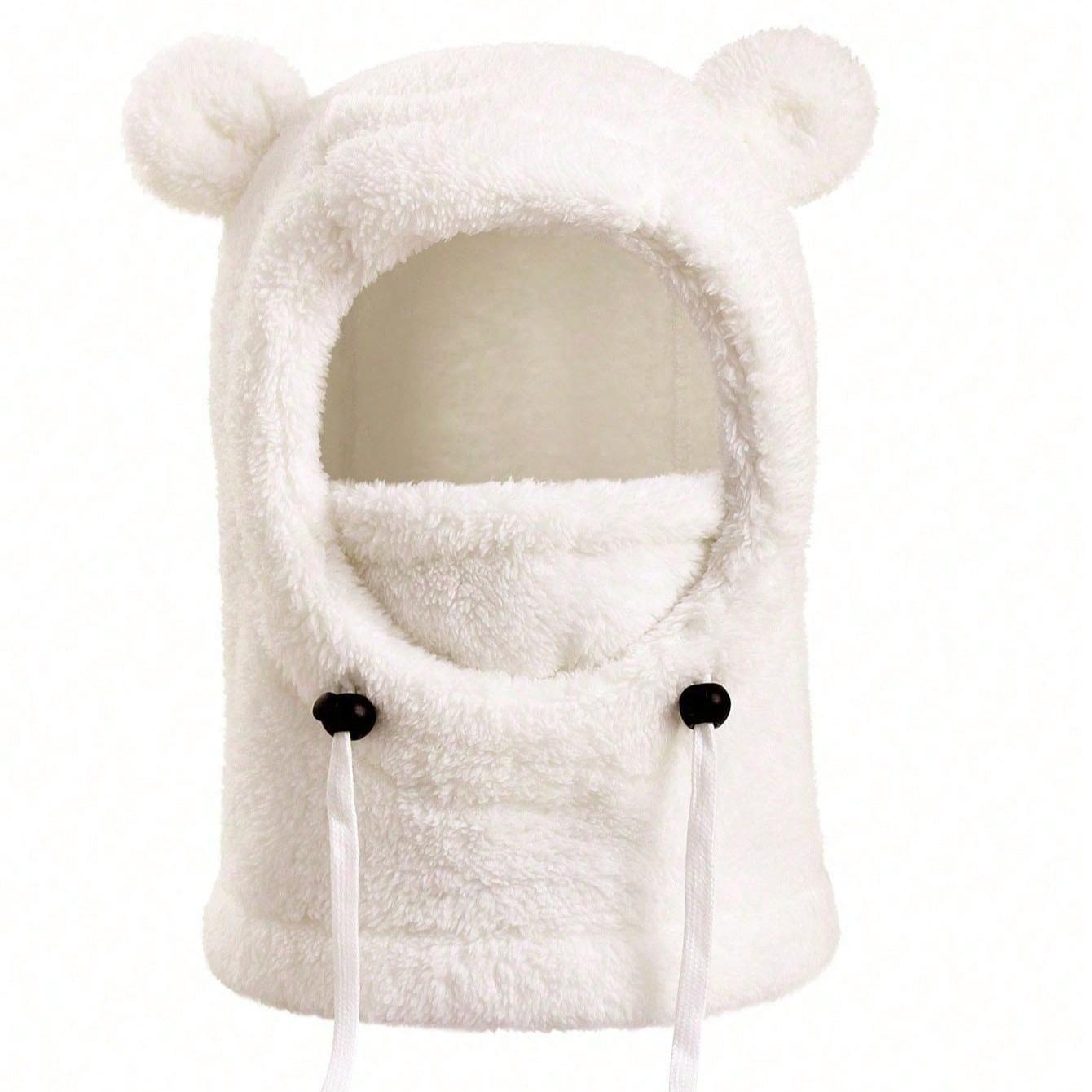 Autumn/Winter Kids Hooded Hat with Cute Bear Ears, Fleece-Lined Scarf and Mask, Unisex Children Outdoor Windproof Animal Headwear, Hooded Bonnet