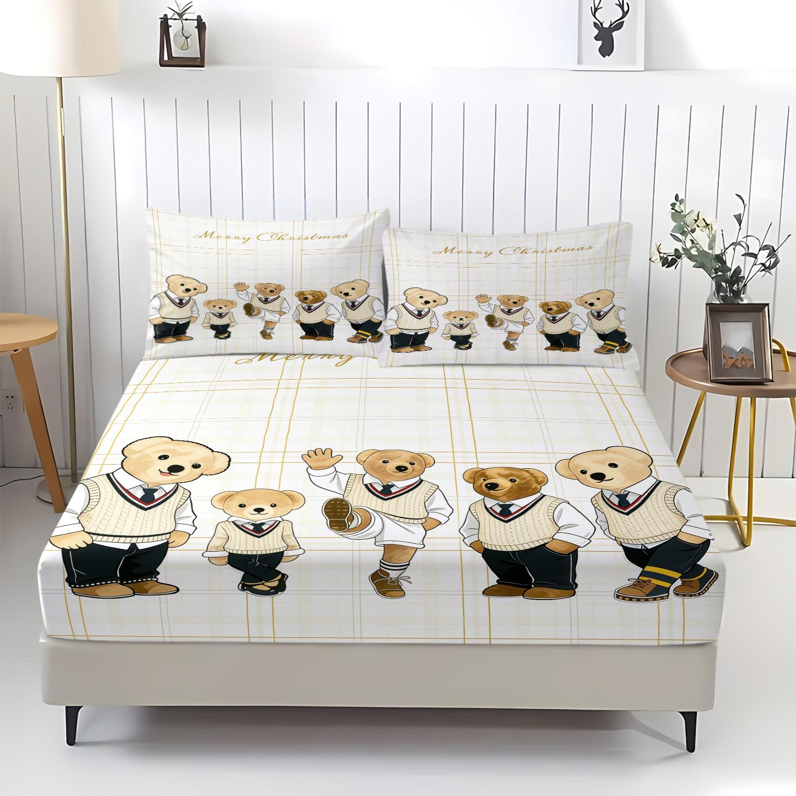 Teddy Bear Pattern Bed Sheet, Comfortable Printed Pattern, Includes 1 Bed Sheet and 2 Pillowcases, Comfortable Bedding, Non slip Dust Cover Suitable for Bedroom and Guest Room, Suitable as a Gift for Children or Adults