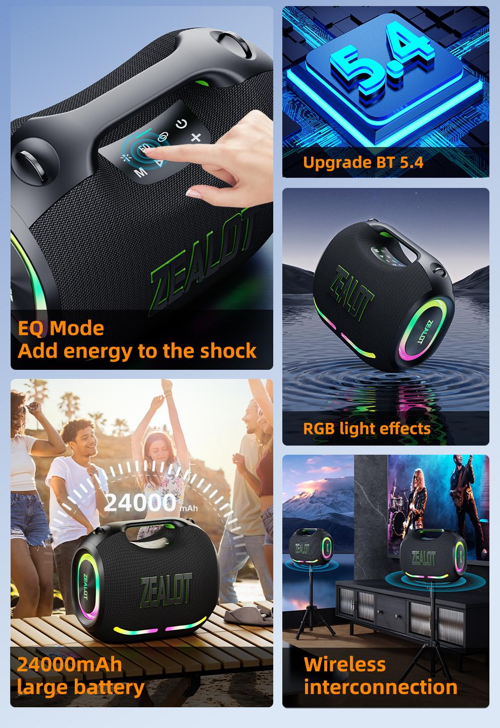 120W【ZEALOT】24000mAh/LIMITED/OFFERS Portable Speaker Bluetooth Speaker Party Speaker Waterproof IPX6 RGB Lights Power Bank TWS supports TWS pairing/USB/TF/AUX/BT smartphones. Ideal choice for family/car/Pool Party/BBQ/camping/gift giving tiktokshopspringg