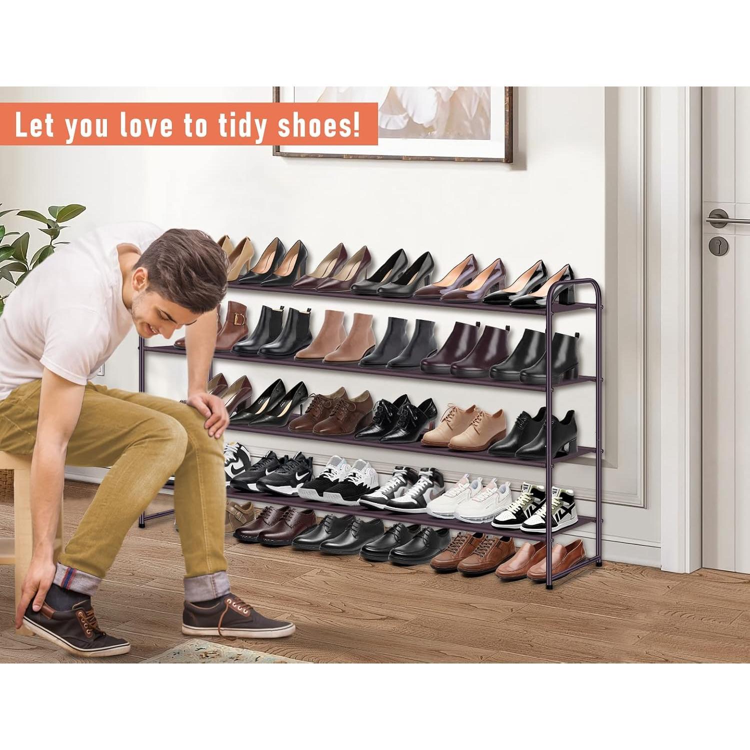 4 Tier Long Shoe Organizer for Closet Shoe Rack for Bedroom Closet Floor Shoe Shelf for Entryway Storage Stackable Wide Shoe Shelf Stores 30 Pairs of Men Sneakers, Brown