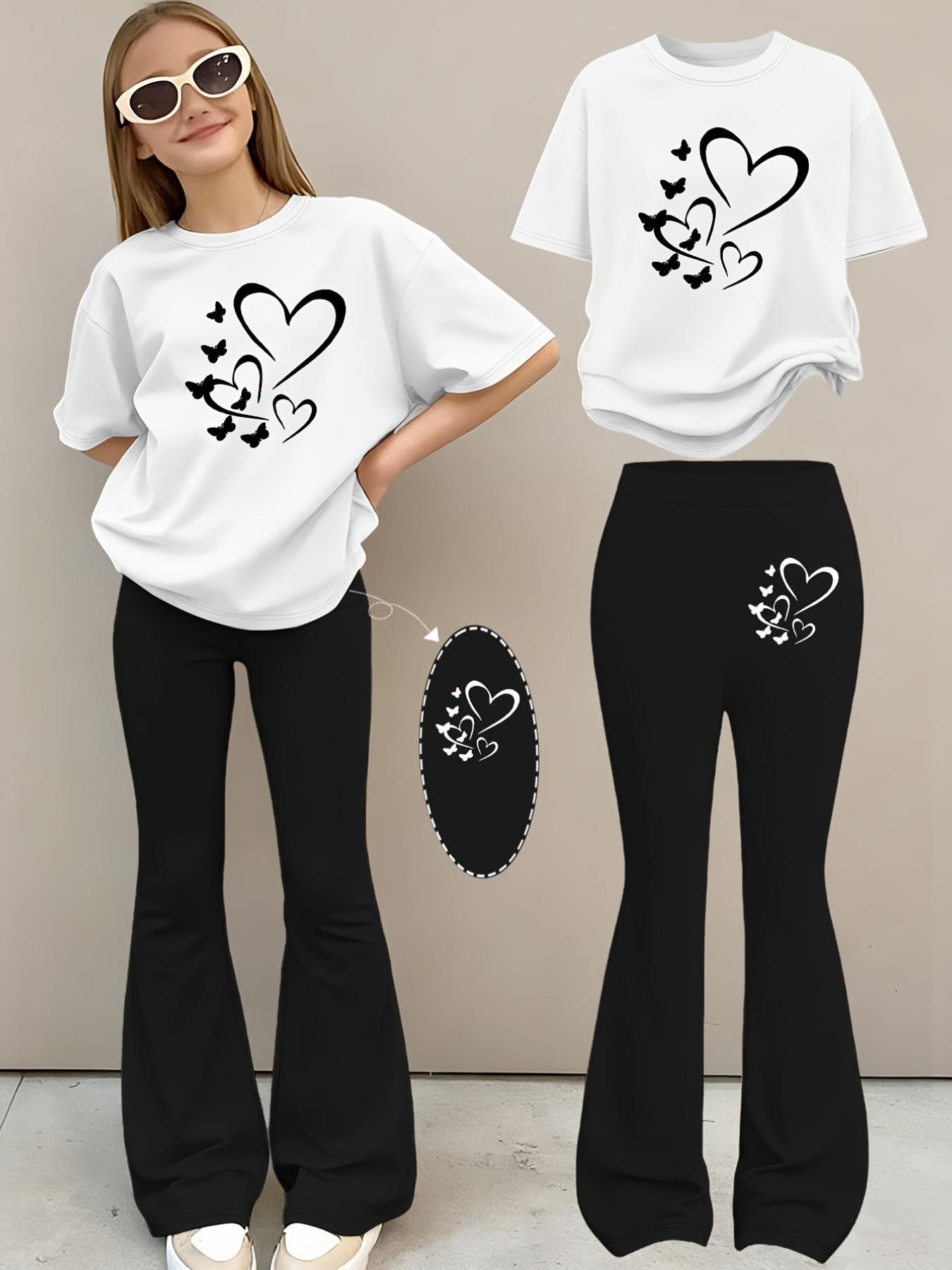 2pcs Girls Summer Fashion Print Drop Shoulder Short Sleeve T-Shirt + Elastic Bell Pants Set, Comfortable Soft Sweat Round Neck T-Shirt + Casual Bell Pants