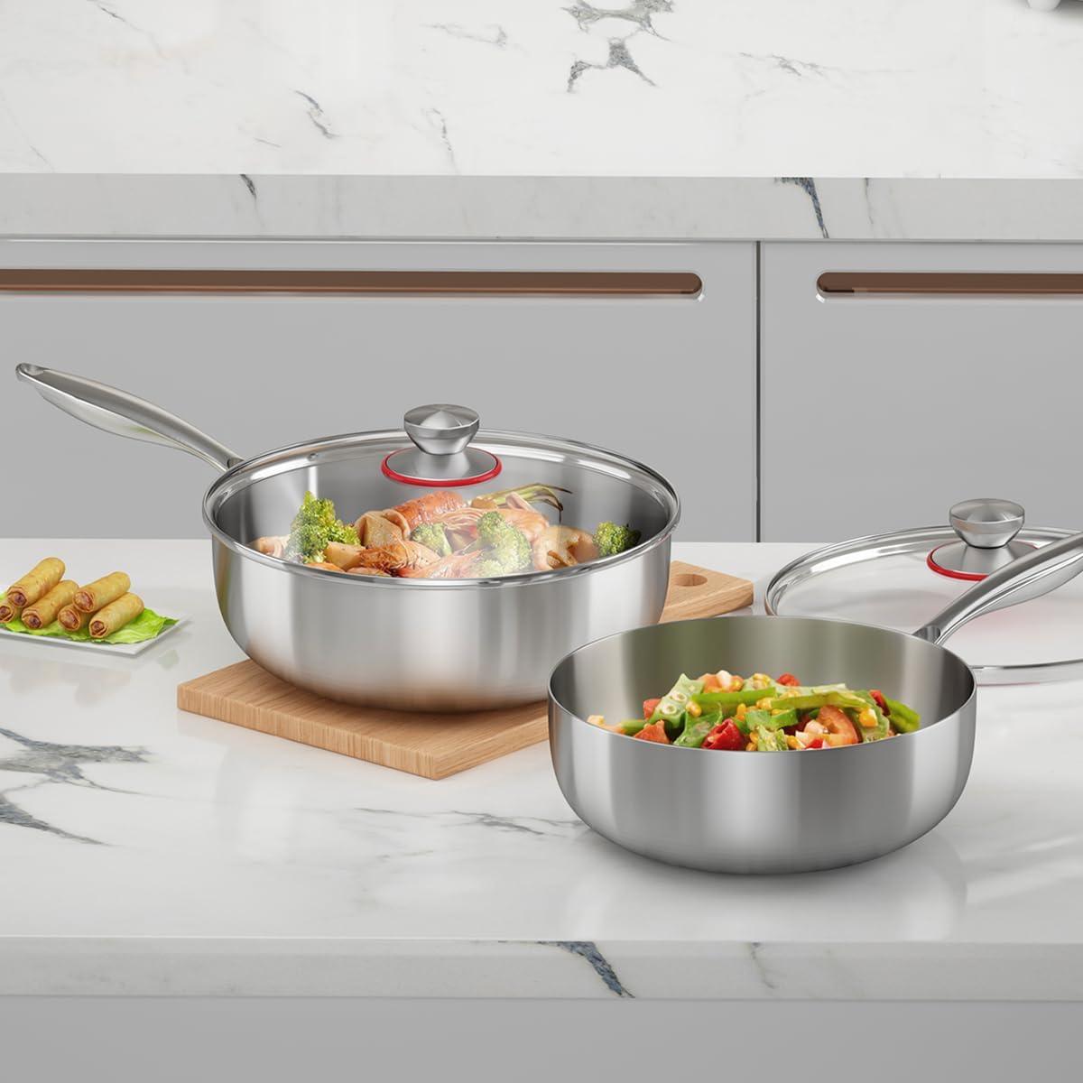 Tri-ply Stainless Steel Saute Pan 5-Quart with Clear Lid Deep Frying Pan for Chef's Cooking Wok Induction Oven Dishwasher Safe, Compatible with  Cooktops(Detachable Handle,11 Inch)