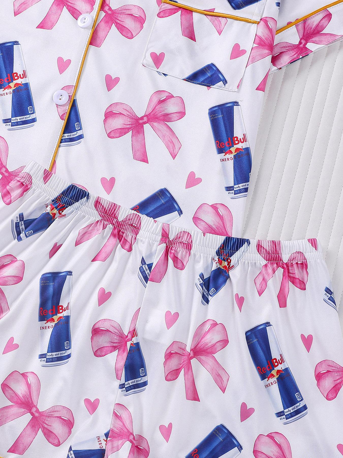 2-piece women's full body pink bow love drink bottle short sleeved shorts soft and comfortable skin friendly smooth top small pocket button closure elastic waistband suitable for all seasons home casual wear pajamas