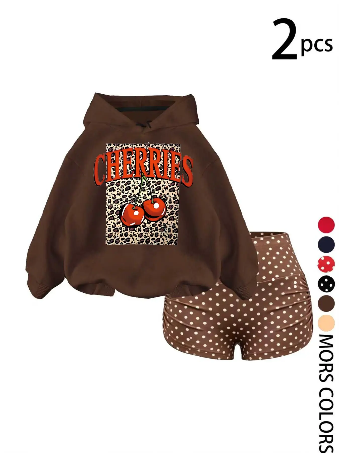 Women's Casual Hooded Sweatshirt and Shorts Set, Leopard Print Cherry Letter Design, Soft Comfortable Fit, Perfect for Daily Outing