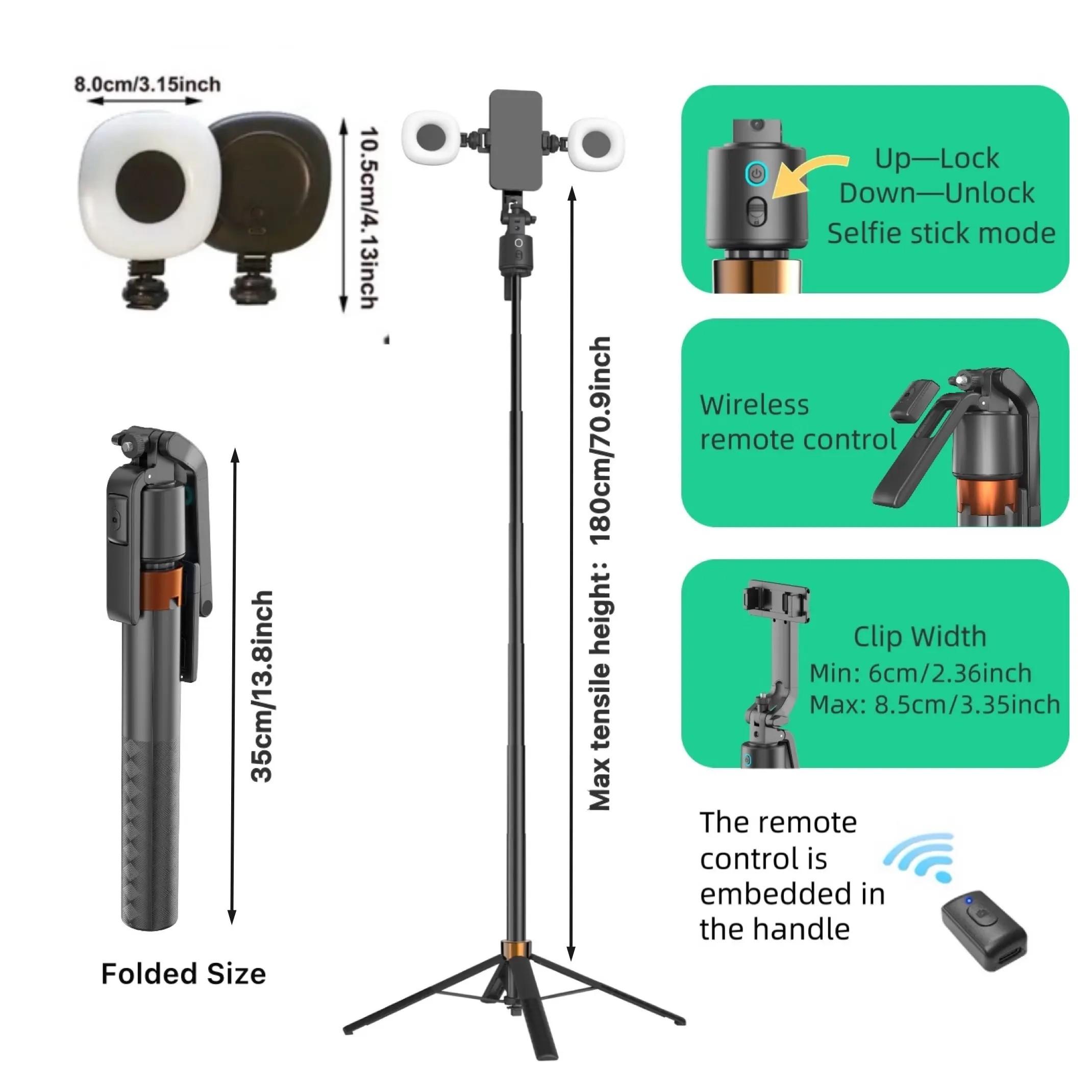360° Rotatable Selfie Stick Tripod, Live Streaming Tripod with Remote Control, Rechargeable Smart Face Tracking Tripod, 2 LED Lights