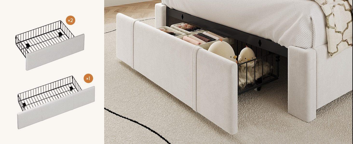 SIKAIC Twin Size Upholstered LED Bed Frame Beige Bedroom Set Unique Bedroom Furniture Headboard And Storage Platform Bedframe