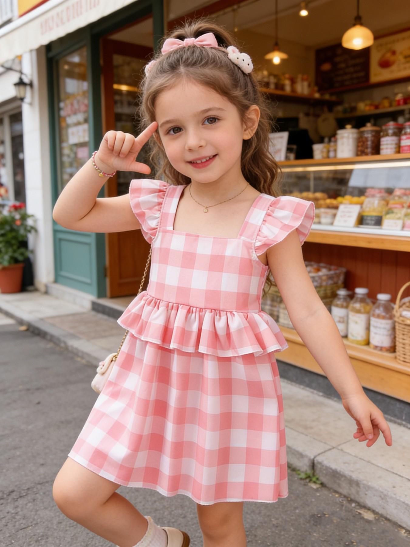 Strawberry Milkshake Sweetheart Dress! Toddler Pink White Gingham Flutter Sleeve Tiered Dress✨