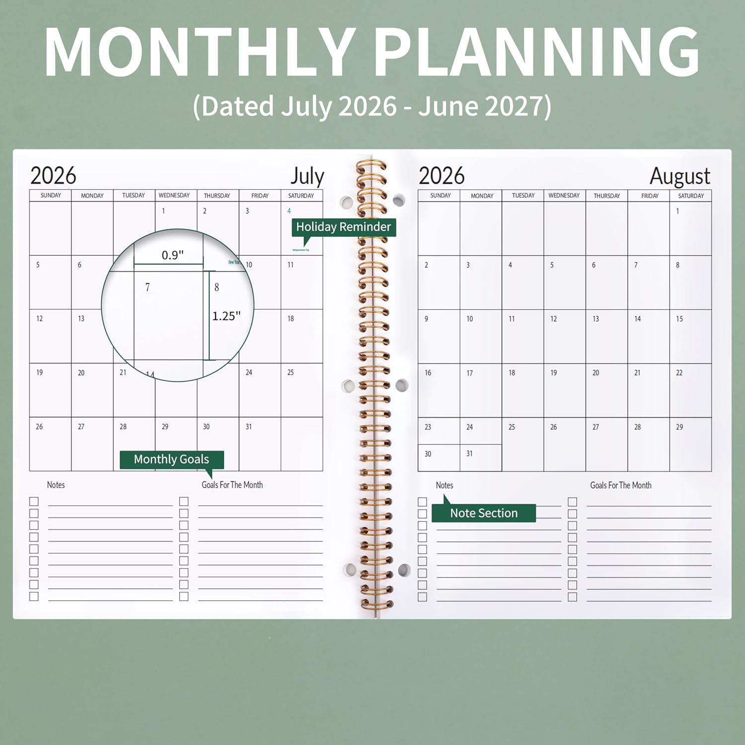 2026-2027 Academic Student Planner - 8.2x10.7", Flat Spiral, Synthetic Cover, Monthly & Weekly, Goal Tracking, Unlined Blocks, 3-Hole Punched, Stickers Included, Aug 2026-Jun 2027, for Middle/High School, Green