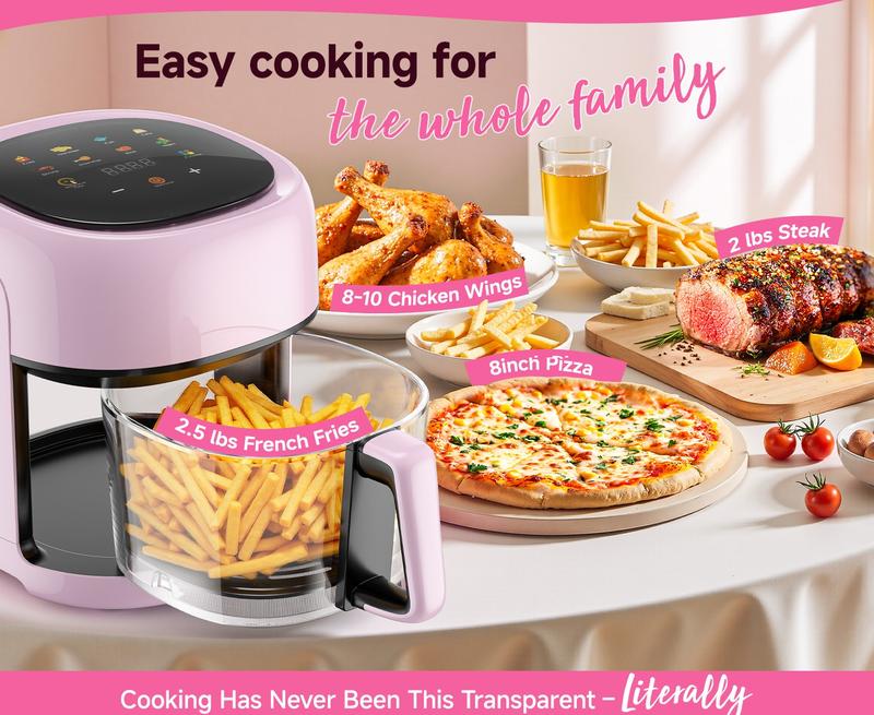 Pink Air Fryer 5QT, 8-in-1 Glass AirFryer with Visible Window, Touch Controls, Compact Design, Nonstick & Dishwasher-Safe, Easy Meal Kitchen Appliance