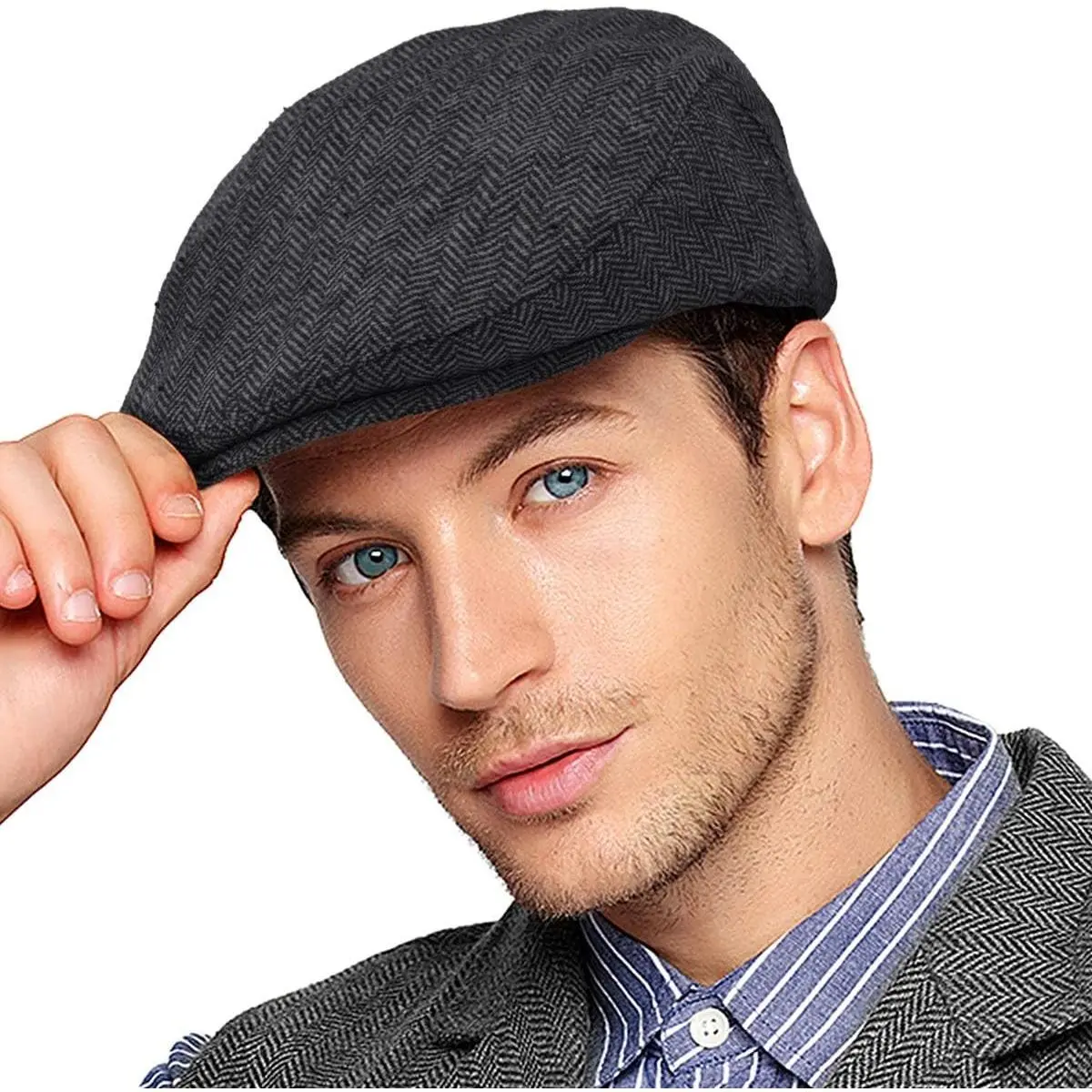 Men's Herringbone Wool Blend Tweed Flat Ivy Newsboy Cap - 1920s Retro Cabbie Hat, Adjustable Satin Lining, Warm Autumn Winter Irish Scally Cap for Hunting Fishing Driving, S-XXLGift