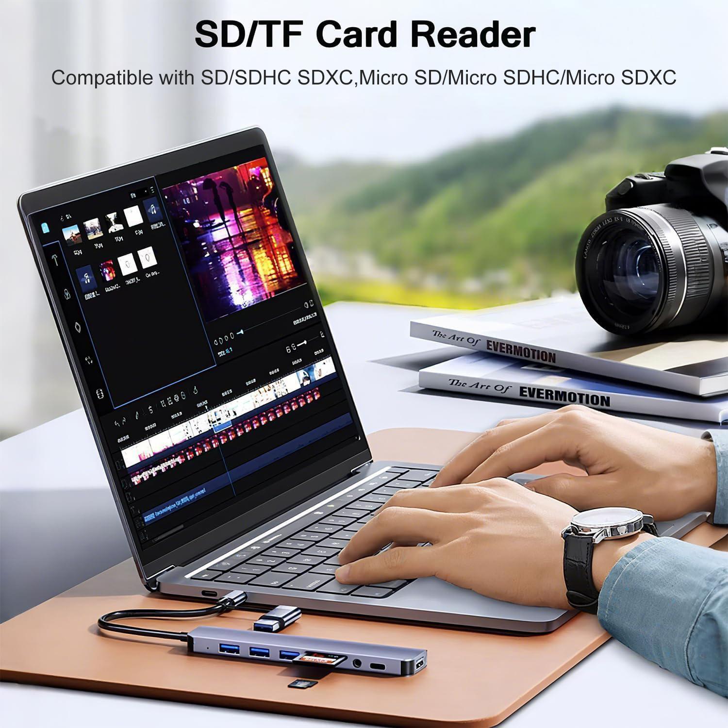 8-in-1 USB C Hub Multi-Port USB Adapter with 4 USB 3.0 Ports, SD/TF Card Reader, 3.5mm Audio Jack, Compatible with MacBook, Computer Accessories