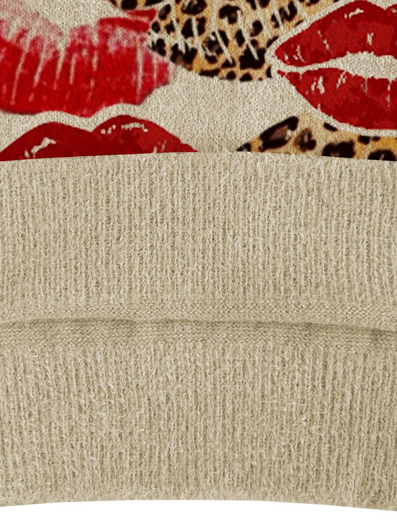 Women's Leopard Print Lip Design Mock Neck Sweater, Cozy Long Sleeve Knit Top for Fall & Winter, Casual and Versatile Women's Clothing