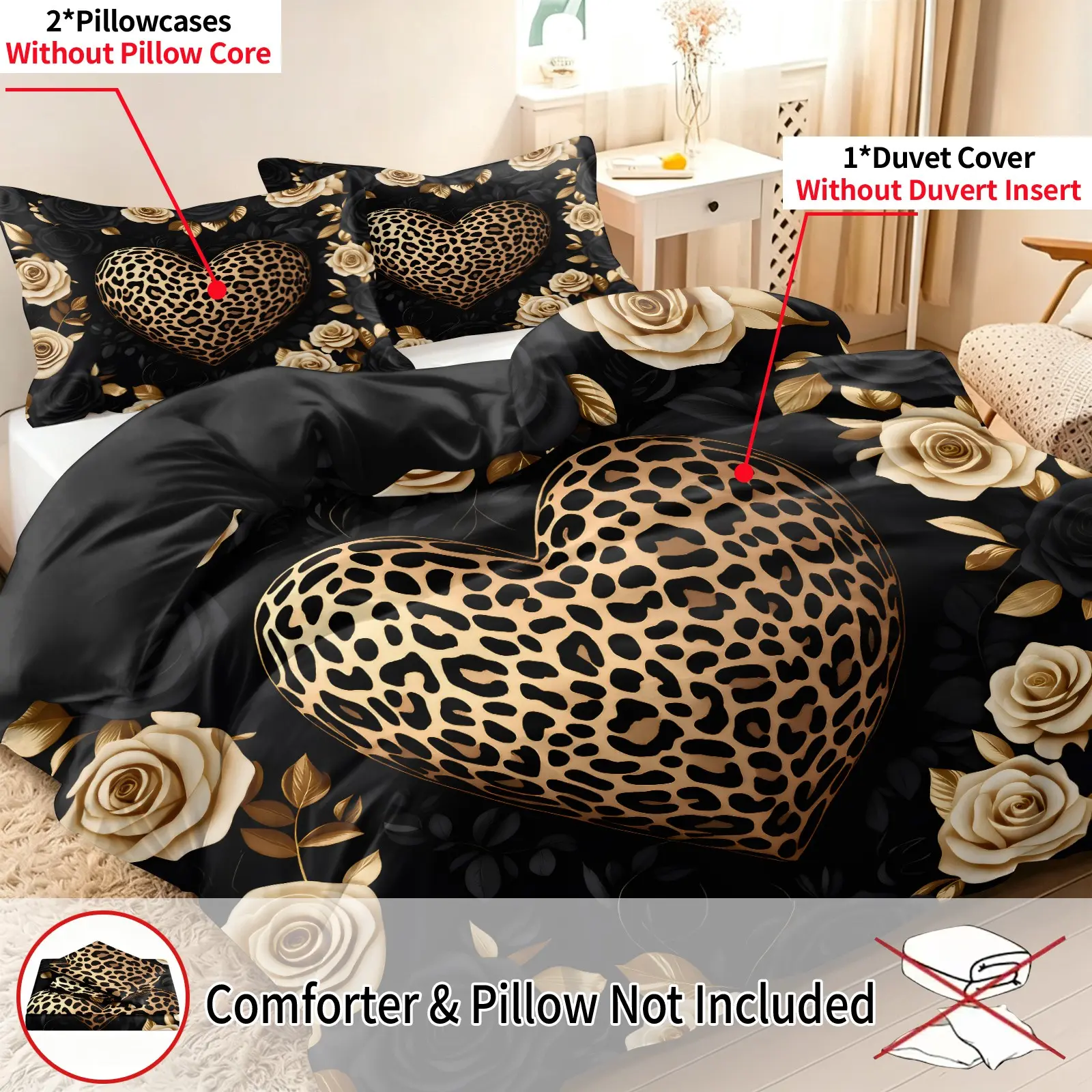 Leopard print heart-shaped flower Bedding 3-piece set, Printed bedding set, suitable for bedrooms and guest rooms, including 2 pillowcases and 1 duvet cover (unfilled) polyester, suitable for all seasons