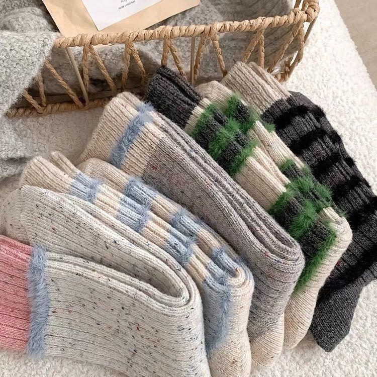 Women's 4PCS Slouch Fit Thick Wool Mid-Calf Socks - Korean Ins Style Color-Block Dot Thick Yarn Thermal Socks for Lady Autumn Winter Daily Wear (Sports & Outdoor Use)