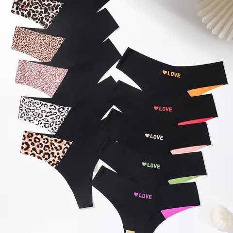 10 Pcs Low Waist Women's Thongs, Leopard Patchwork V-Shape Sexy G-String, Valentine's Day Love Letter Heart Panties, Fit Panties, All Season Underwear, Low Rise Underwear