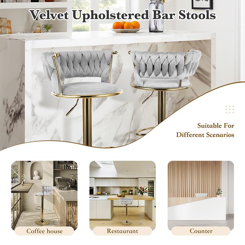 Velvet Bar Stools Set of 2, Modern Upholstered Swivel Bar Chairs with Adjustable Height and Low Back, 360° Gold Base Counter Height Stools for Kitchen Island, Bar or Pub