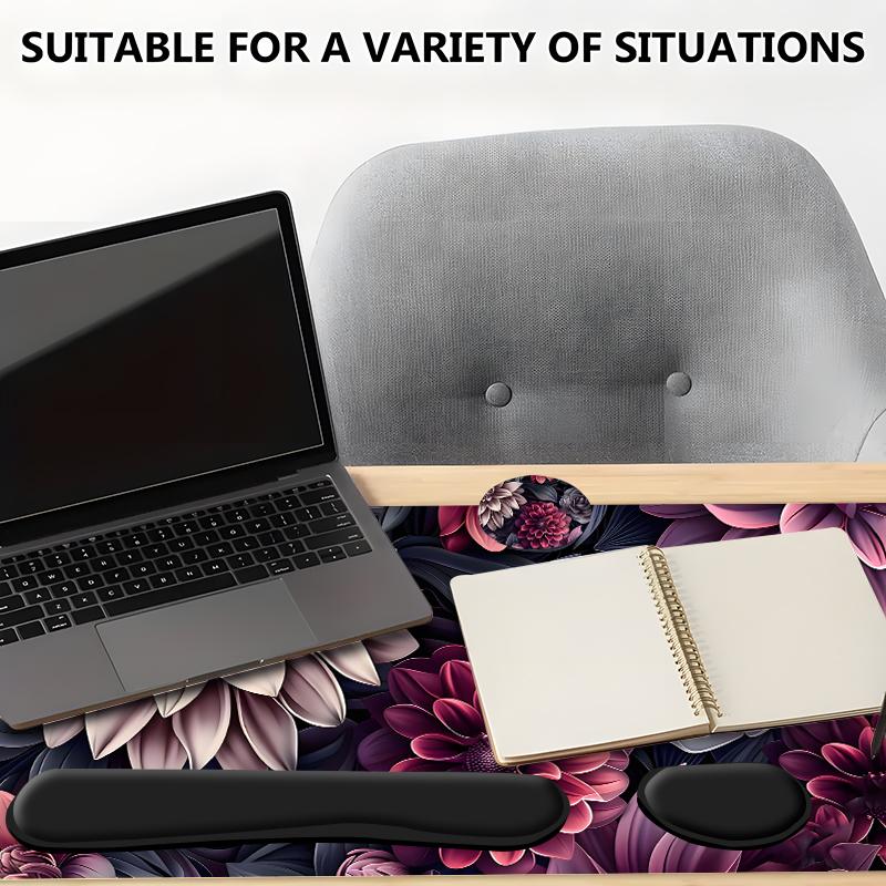 4pcs Dark Toned Floral Design Mouse Pad + Keyboard Wrist Rest + Ergonomic Mouse Pad + Coaster Set For Desktop Decoration, Desktop Accessory, Office Accessories Set Ergonomic Wrist Support, Computer Mat Mouse Pad Coaster Mousepad For Home Office Gaming