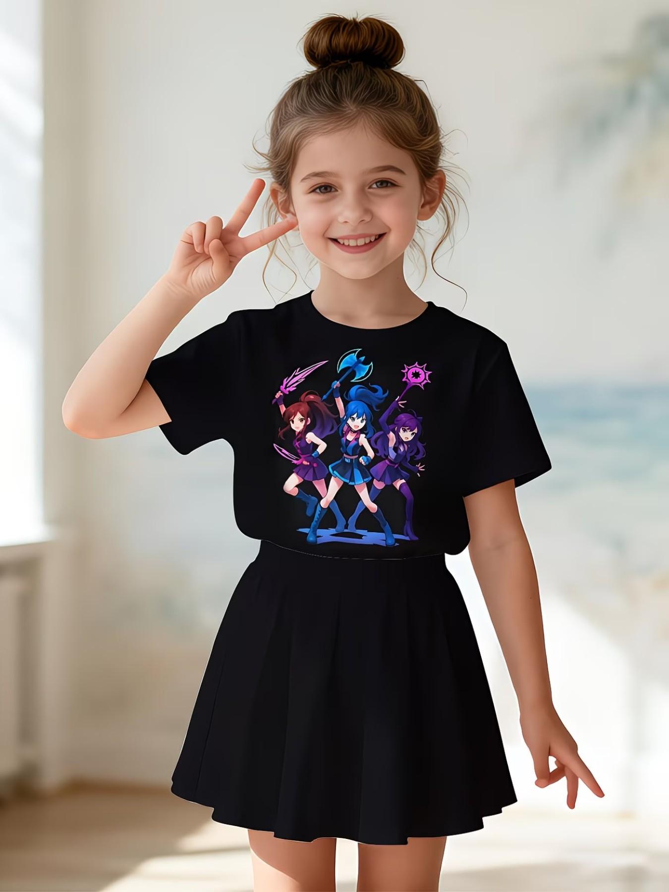 Girls' 3D Cartoon Print T-Shirt and Skirt Set, Casual Slim-Fitting Summer, Round Neck Short Sleeve, Daily Wear