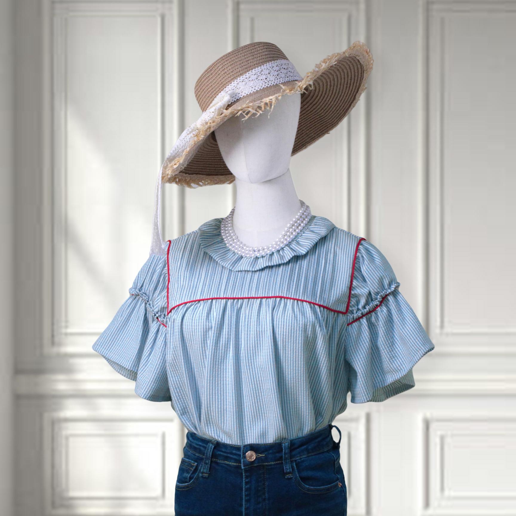 SageVell Beige/Blue Striped Pleated Blouse with Ruffle Sleeves & Red Contrast Trim Top, Round Neck Short Cotton-blend Shirts for Women