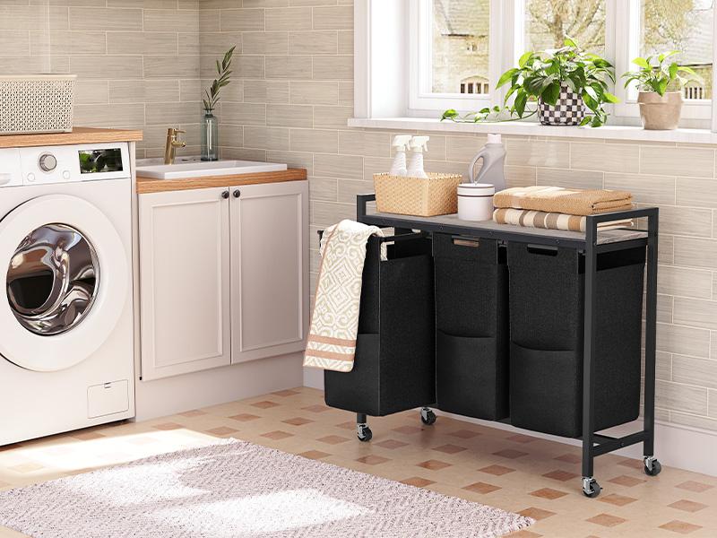 HOOBRO Laundry Sorter 3 Section, Laundry Hamper with Wheels, 43.4L Rolling Laundry Basket, Pull-Out Oxford Fabric Laundry Bags, Greige and Black