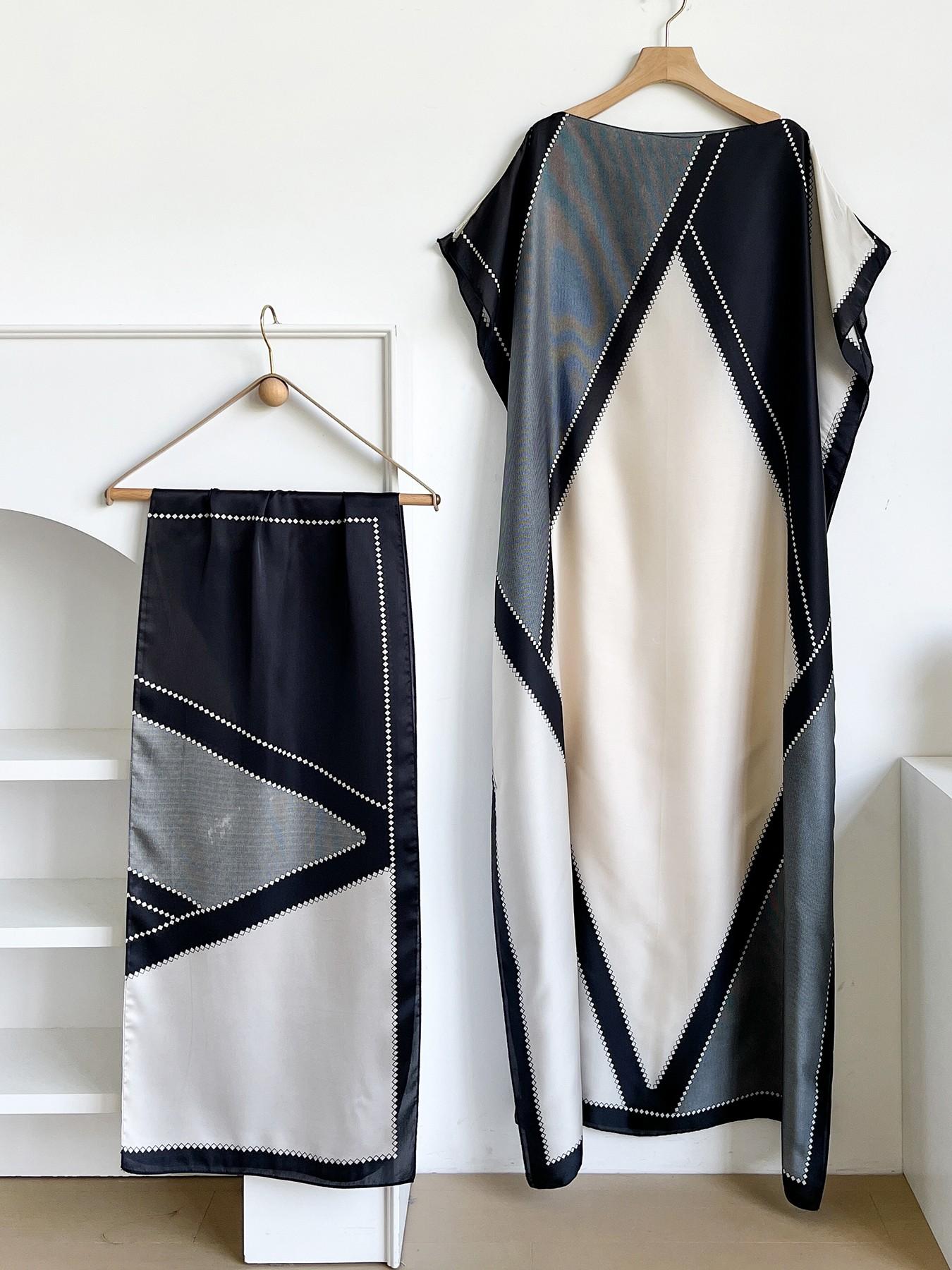 Elegant Geometric Print Shawl Set, Fitted Long Robe with Headscarf, Sun Protection Silk Scarf, Beachwear for Women, All Seasons, Swimsuit Coverup, Beach Cover Ups, Swimwear Cover Up