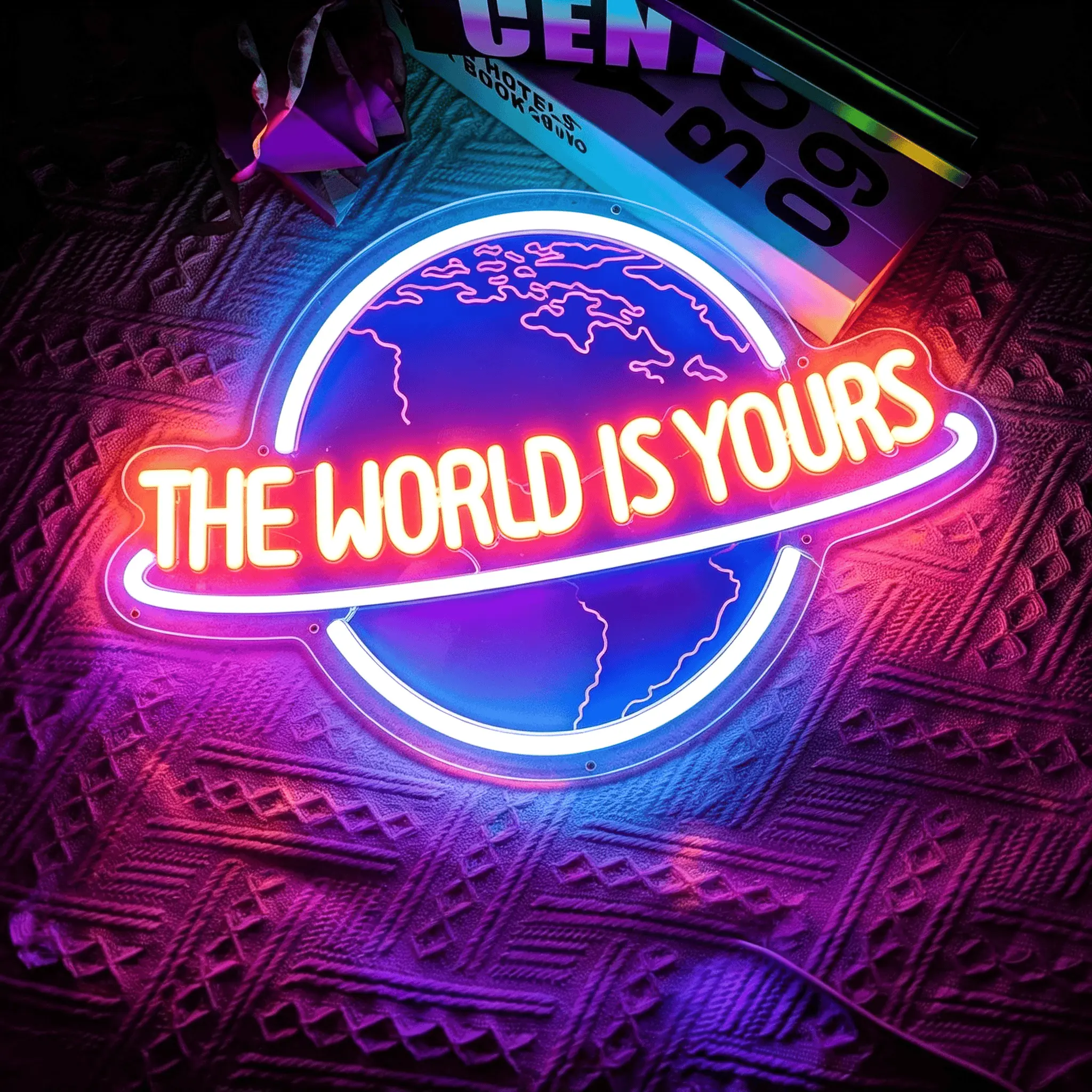 The World Is Yours Neon Sign, Dimmable LED Planet Earth Neon Light, USB Powered Wall Art Decor for Man Cave Bar Restaurant Bedroom Birthday Christmas Party Unique Gift for Men