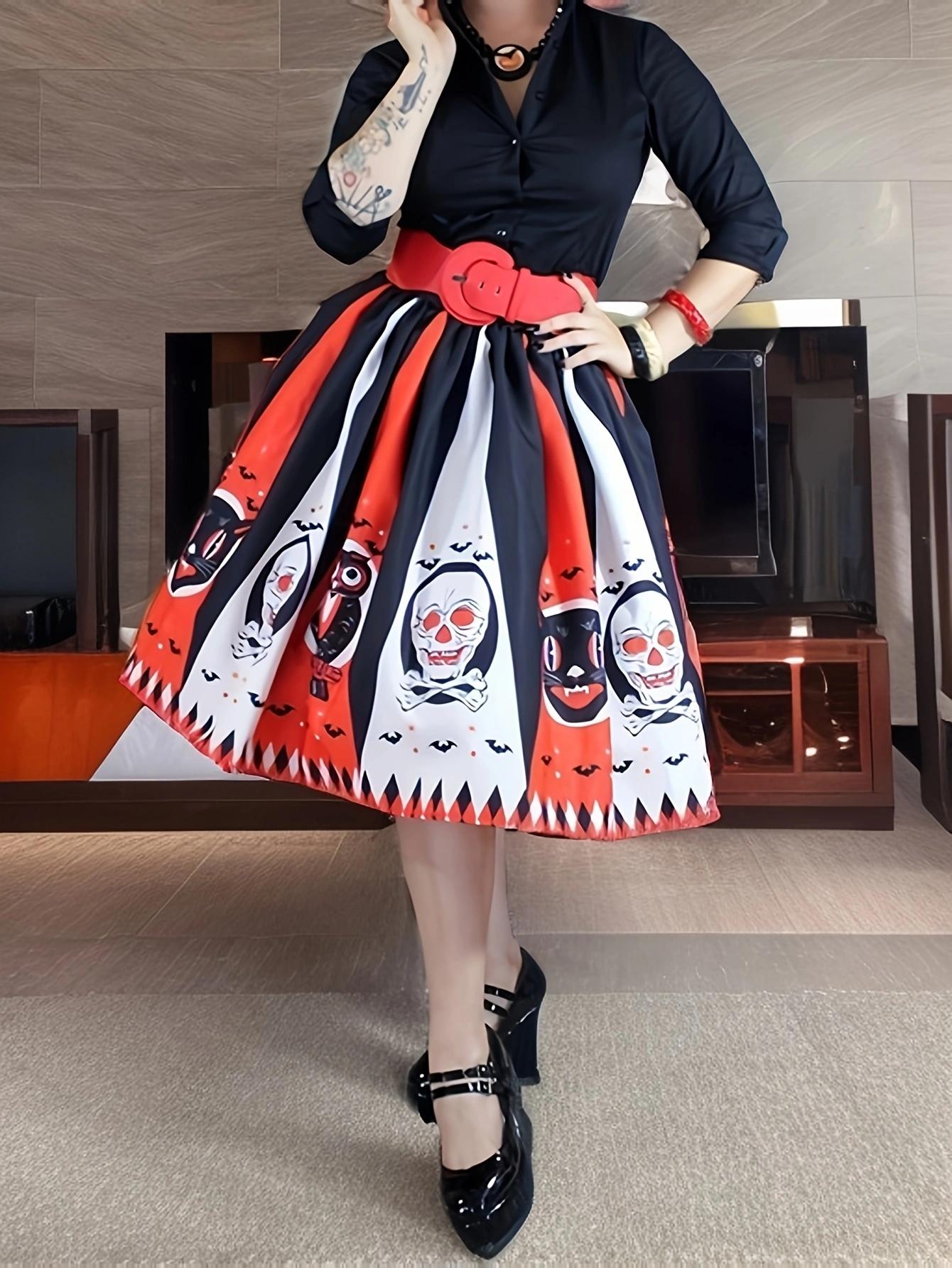 Women Vintage Halloween Skirt Retro Poker Face Skull Plus Size Skirt High Waist Pleated Ball Gown Long Skirts Women Vintage Halloween Skirt Retro Poker Face Skull Plus Size Skirt High Waist Pleated Ball Gown Long Skirts