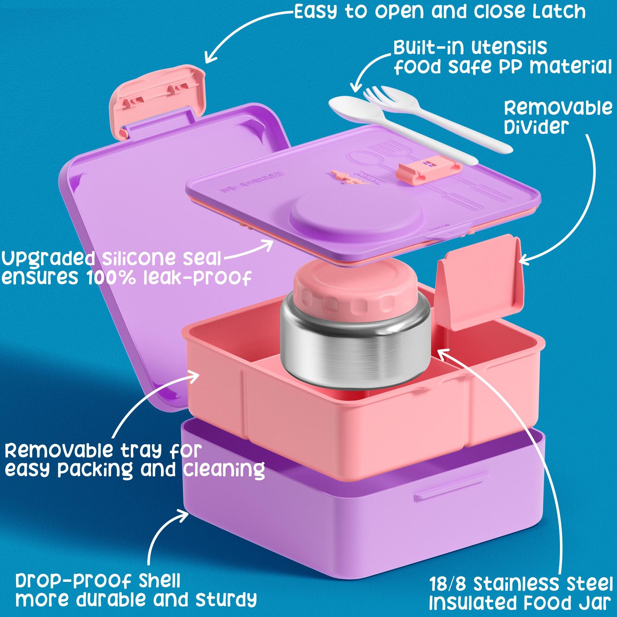 Fimibuke Leakproof Bento Lunch Box with Thermos Jar, BPA Free with 8.5oz Insulated Thermos Food Jar, Utensils & Sauce Jar, 3 or 4 Compartment Container for School dealsforyoudays