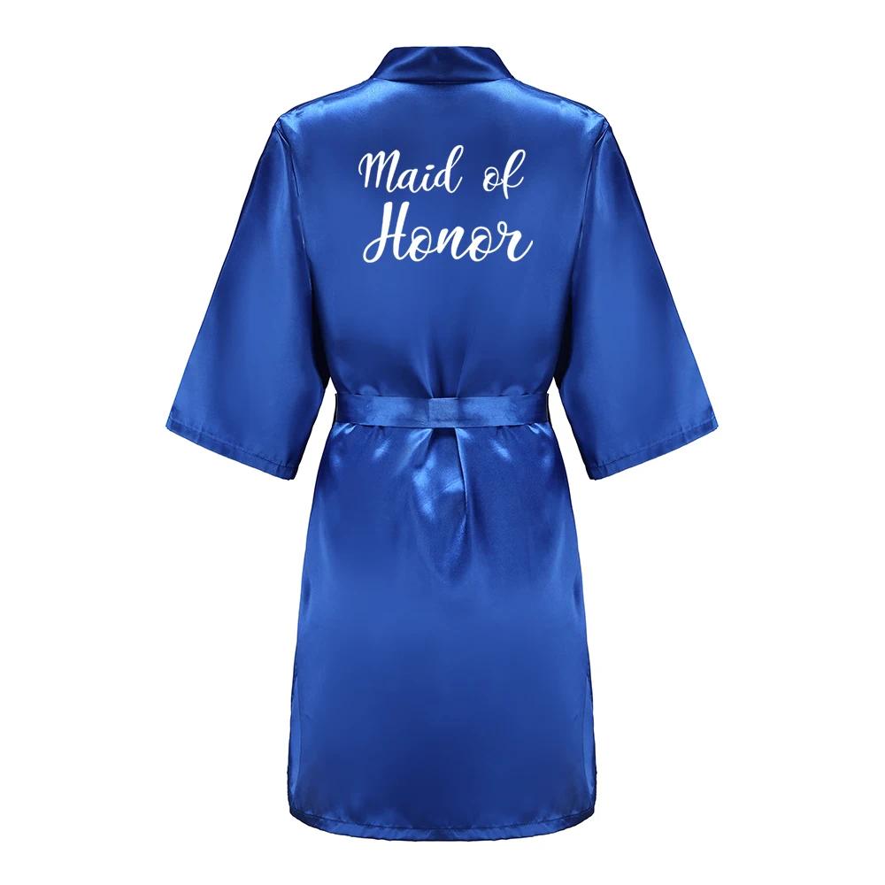 Team Bride Satin Kimono Lounge Robe, Royal Blue Bridesmaid Bathrobe with White Letters, Wedding Party Stress Relief Loungewear