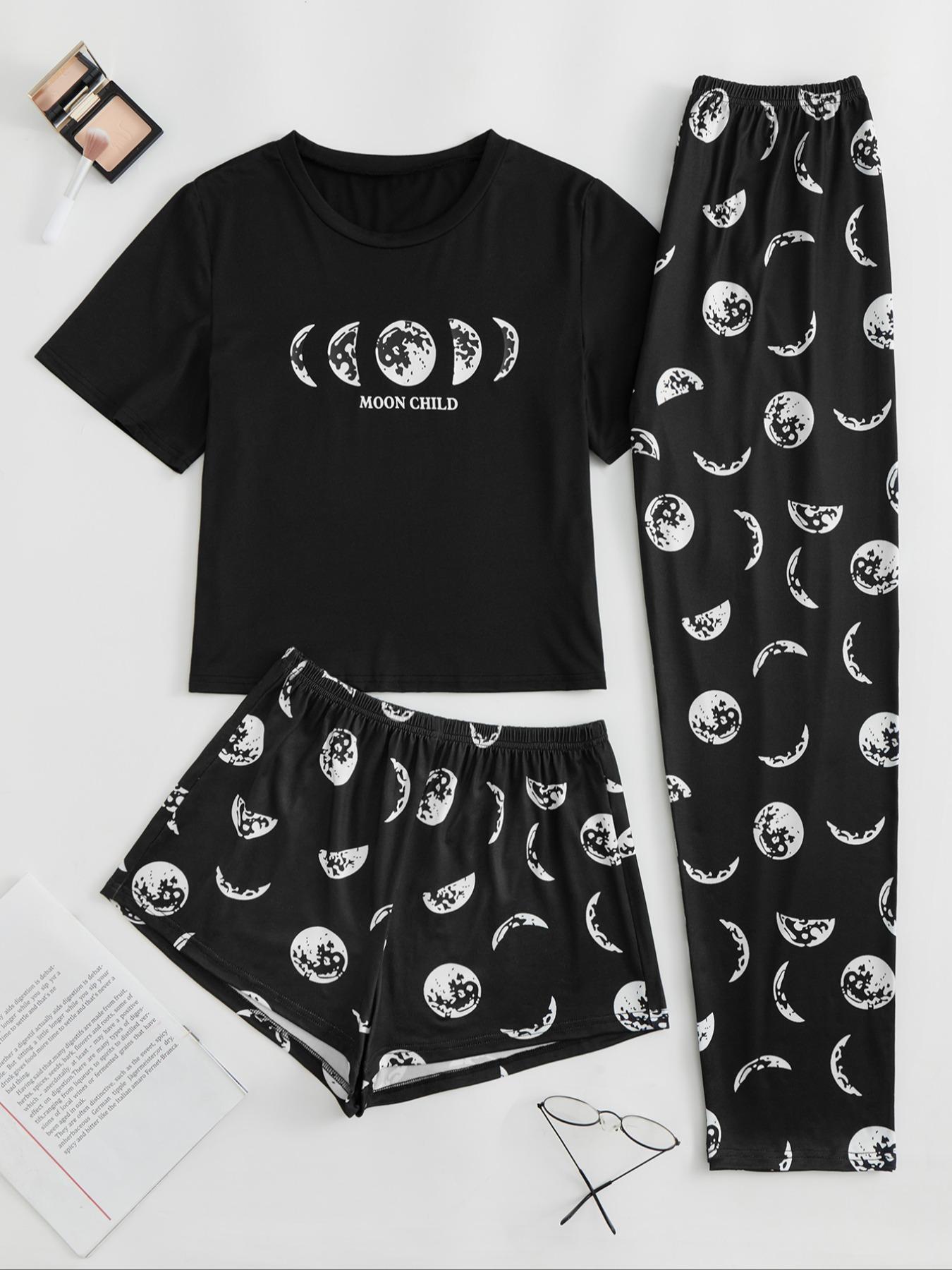 Three-Piece Set Women's Cute Cartoon Sloth Print Tee & Shorts & Pants Pyjama Set, Casual Comfy Crew Neck T-Shirt & Shorts & Trousers PJ Set, Summer Clothes Women, Summer Outfits 2024, Pajamas Lounge Set