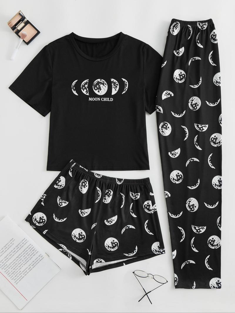 Three-Piece Set Women's Cute Cartoon Sloth Print Tee & Shorts & Pants Pyjama Set, Casual Comfy Crew Neck T-Shirt & Shorts & Trousers PJ Set, Summer Clothes Women, Summer Outfits 2024, Pajamas Lounge Set