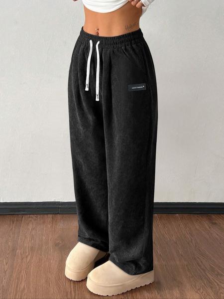 Women's Corduroy Jogger Pants, Drawstring Waist, Pockets Design, Casual Sportswear for Fall & Winter, Daily Wear Comfortable Fit, Workout Casual Baggy