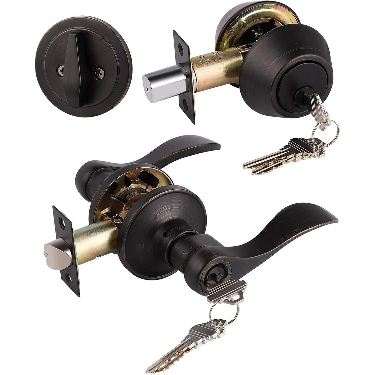 Front Exterior Door Lever Lockset with Single Cylinder Deadbolt, Keyed Alike Oil Rubbed Bronze Combination Handle Set, Entry Door Lock with DeadboltGift